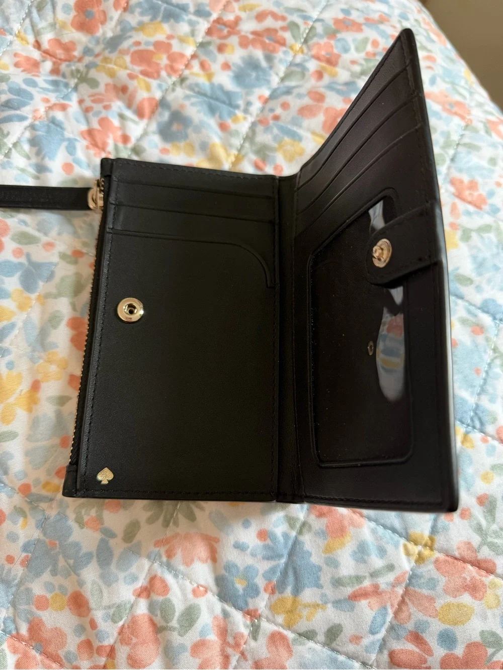 kate spade black leather zip card wallet with gold logo